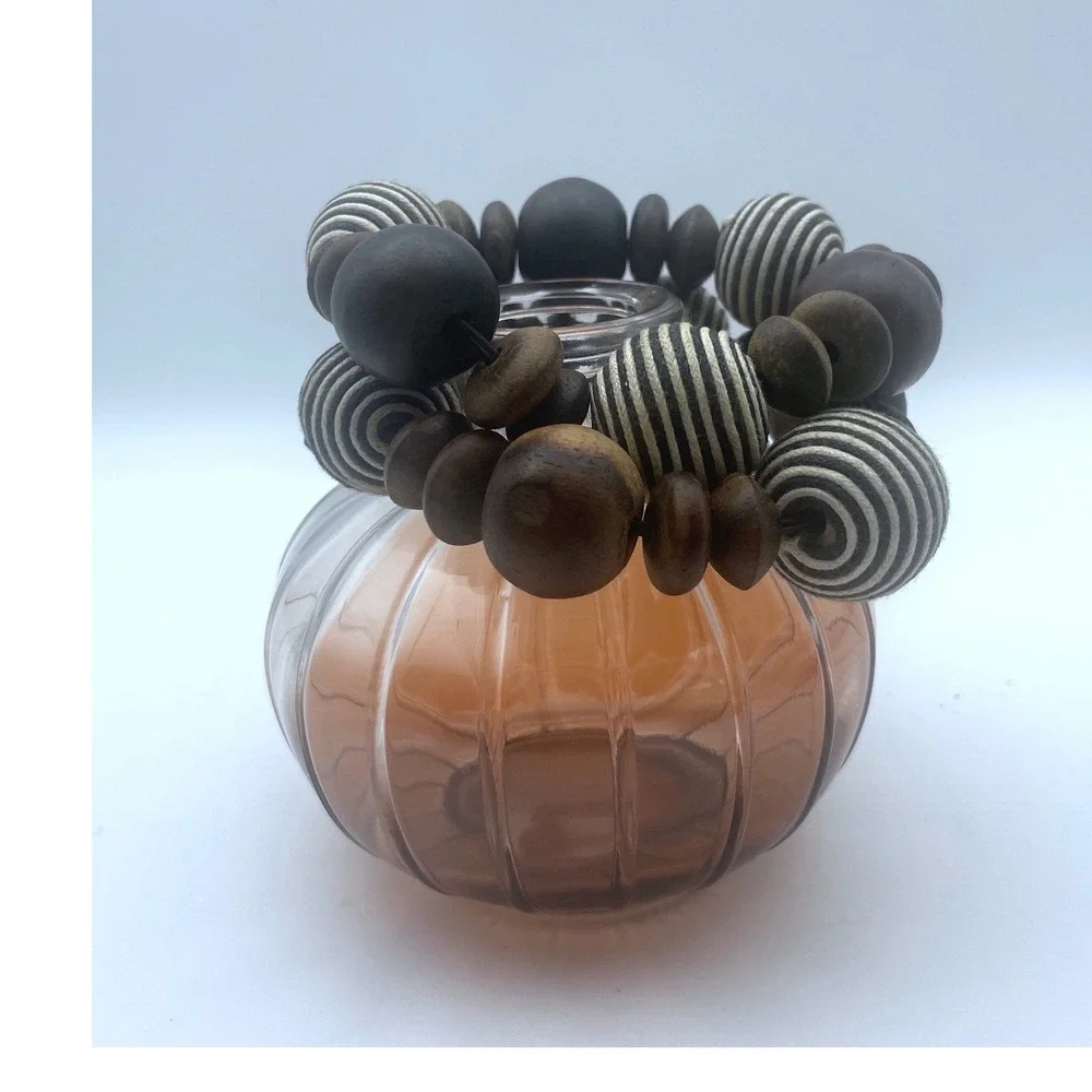 2 Vintage Boho Wood Bead Statement bracelet Black white Striped large Beads 70's